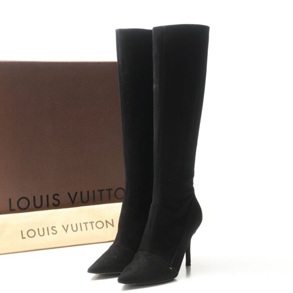 Louis Vuitton Pointed Toe Heeled Tall Knee High Boots in Black Suede 37.5 / 7.5 - Picture 1 of 10